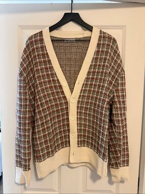 Zara Brown Plaid Cardigan with Cream Trim - Knit / Crochet Style